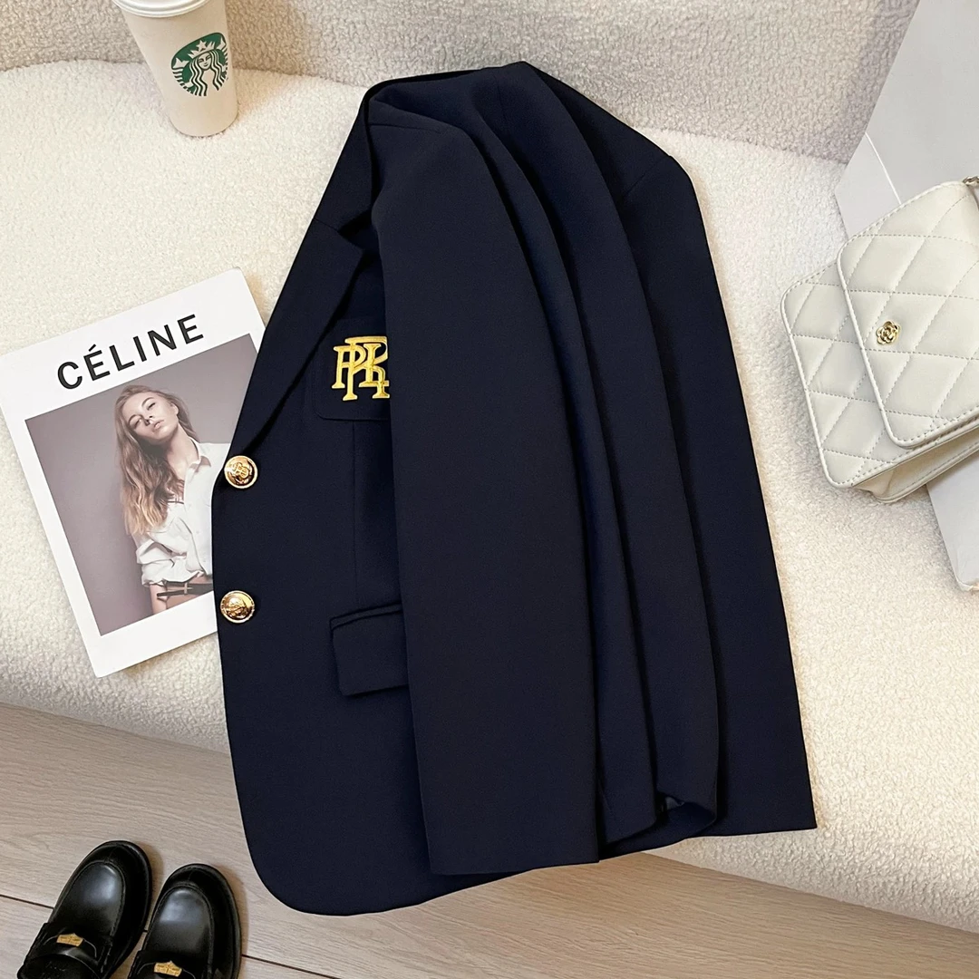 （萍姐推荐）No退NO换字母绣花西服气质西装春秋时尚休闲百搭黑色