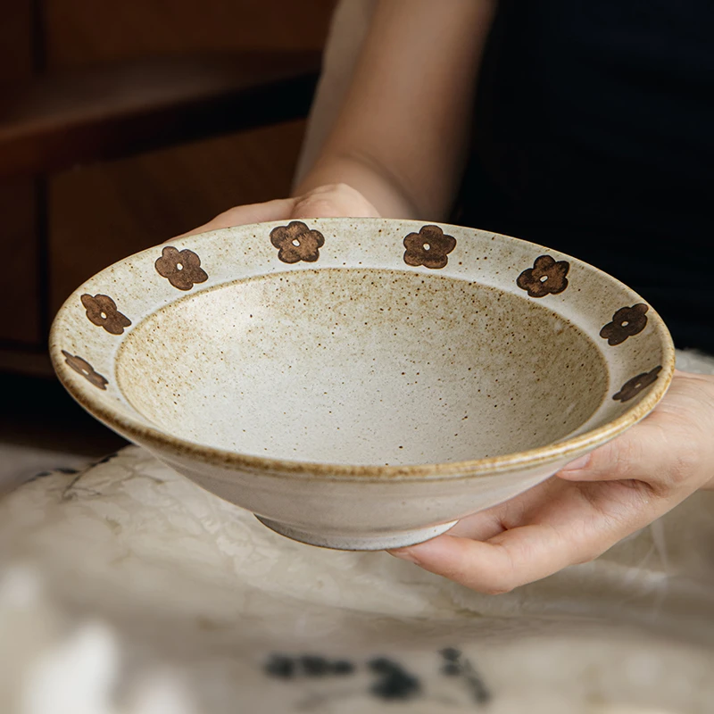 小悠家 日式手工斗笠碗7.5英寸草帽碗个性复古粗陶拉面碗特色菜碗