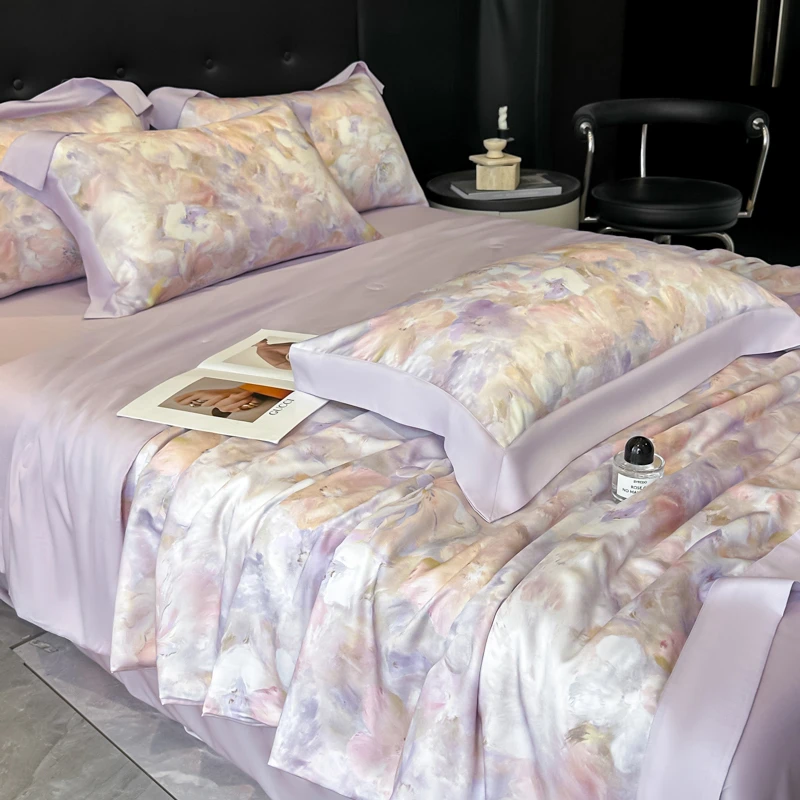 夏季裸睡凉感天丝数码印花夏凉被四件套轻奢田园风空调被薄款被子