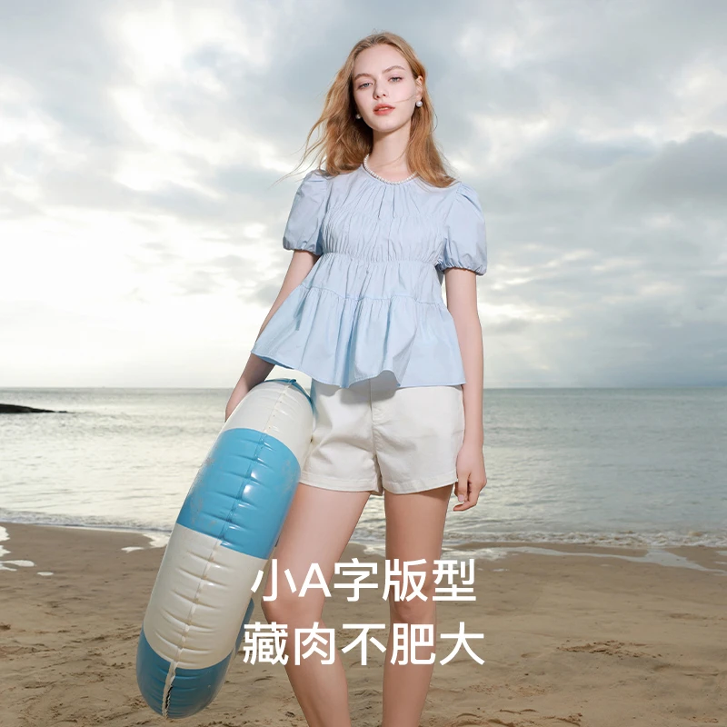 三彩2025夏季新款圆领泡泡袖小衫宽松娃娃衫衬衣气质M
