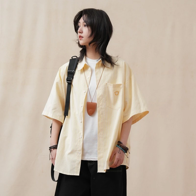 RED STONE夏日宽松条纹衬衫男短袖学院风牛津纺少年感休闲衬衣女