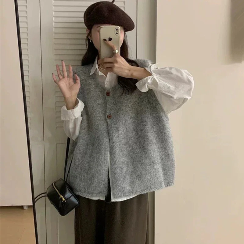 慵懒风复古洋气针织开衫马甲女秋冬圆领叠穿宽松休闲百搭坎肩背心