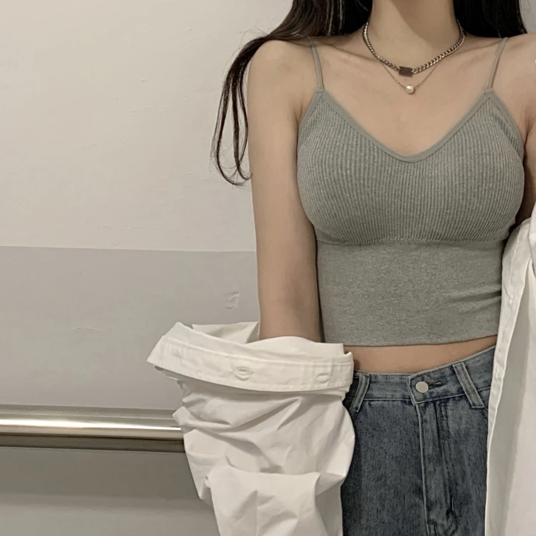 辣妹洋气内搭美背无痕短款修身打底带罩杯吊带外穿背心白日夏季