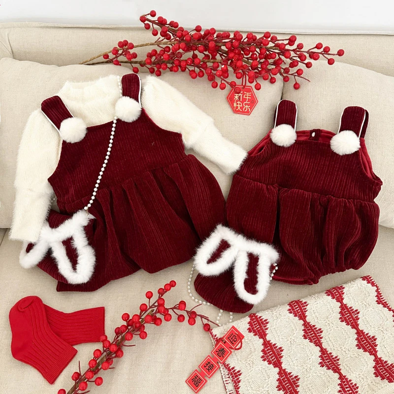 童装保暖春季毛绒两件套时髦春宝宝加绒加厚裙洋气婴儿衣服