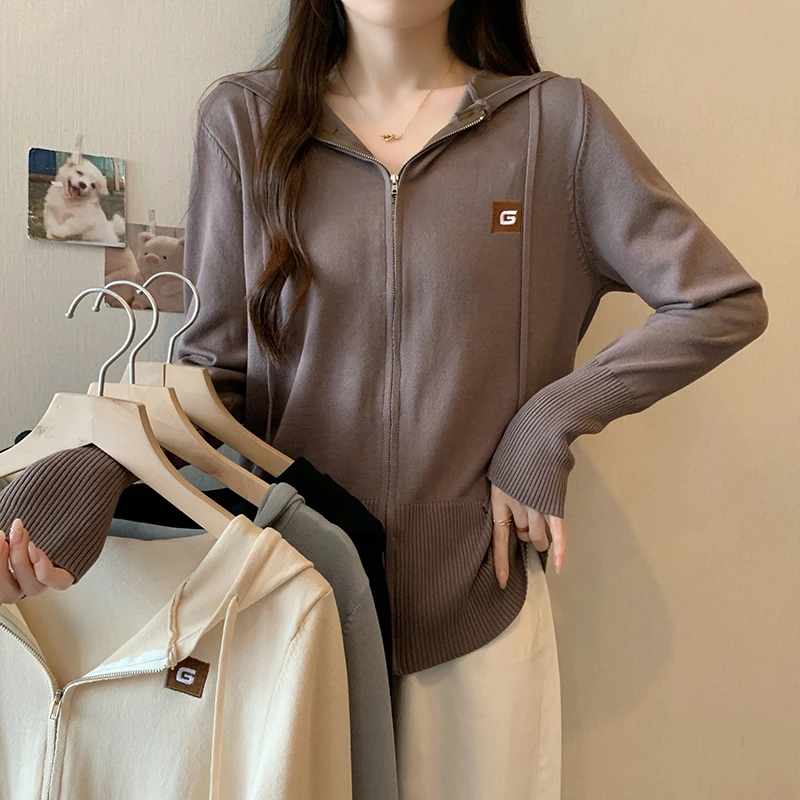 3348大码女装2024秋装新款时尚针织衫胖妹妹宽松连帽开衫毛衣外套