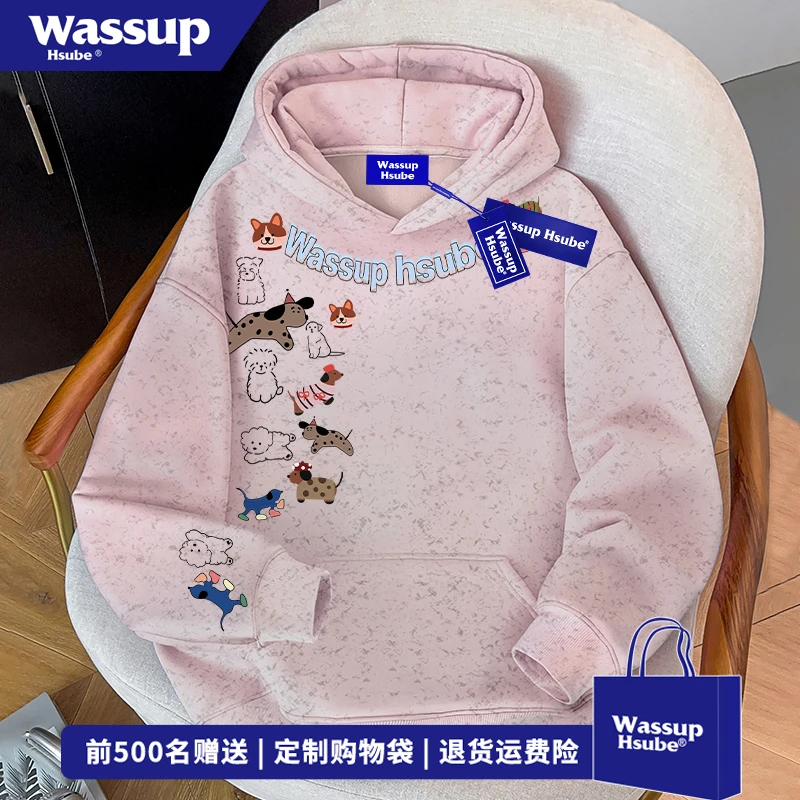 WASSUP HSUBE趣味手绘涂鸦扎染上衣男女秋冬美式小狗印花连帽卫衣