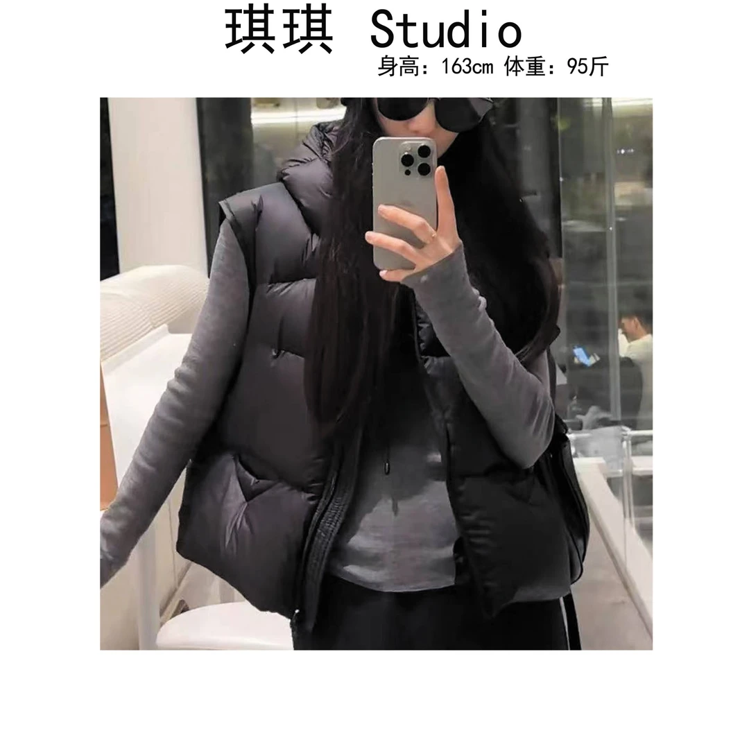 《琪琪家》秋冬季抽绳连帽拉链韩版气质时尚减龄羽绒马甲上衣-B