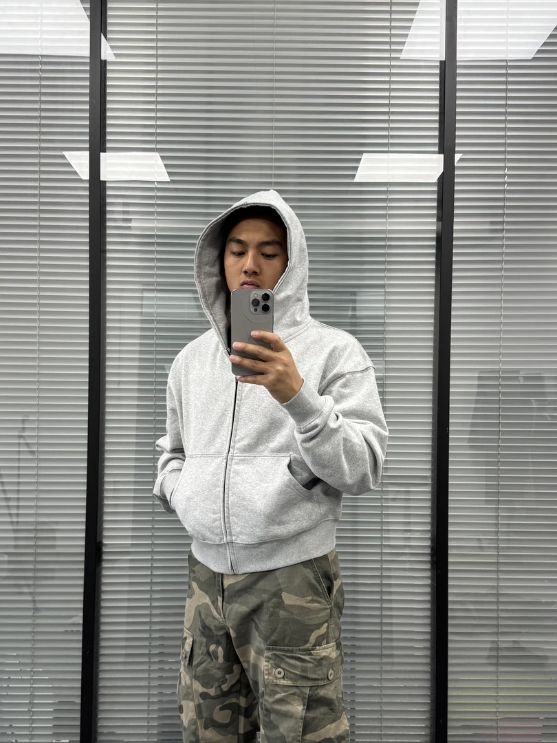 新款美式复古潮流中性街潮高街版型设计纯色男式拉链连帽卫衣