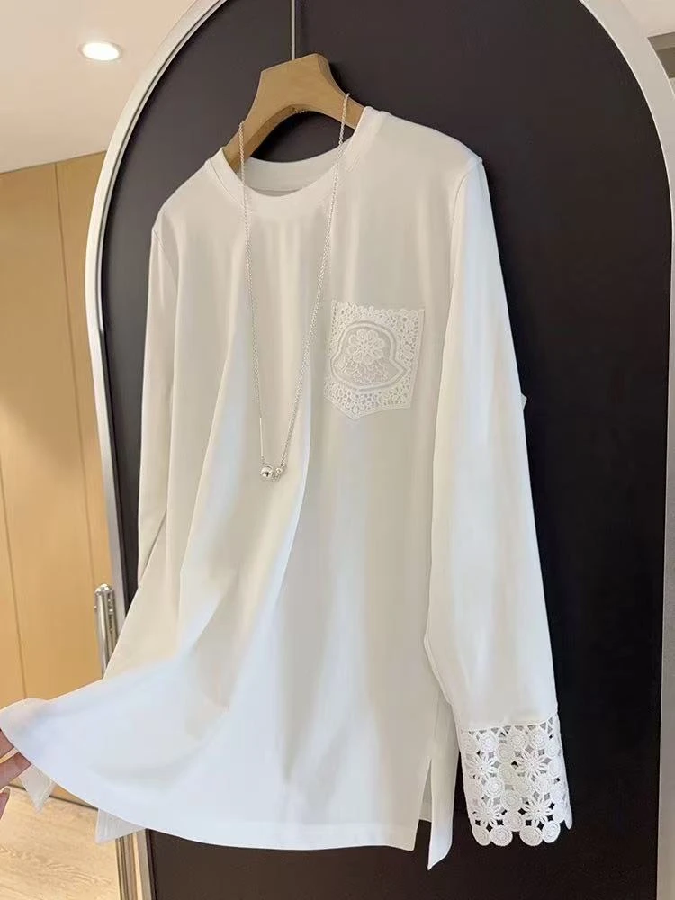 ，egg口袋蕾丝白T女士打底衫长袖T恤