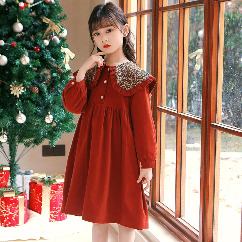 女童加绒红色连衣裙拜年服秋冬新年洋气大童女孩冬季裙子21274