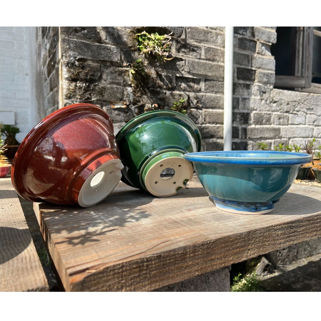 16号全品釉盆高温窑变盆景花盆19.5*19.5*9（文人斗笠盆）-红蓝绿色