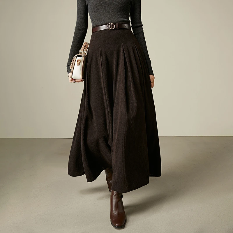 晚白2025早春新款休闲时尚灯芯绒长款半身裙【不含腰带】24111214