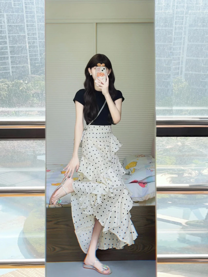 夏装搭配一整套时尚韩系设计感小众荷叶边波点半身长裙子夏两件套