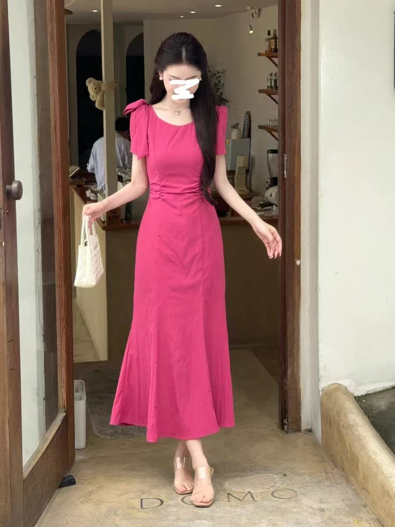 634-3#玫红色圆领短袖连衣裙2025夏季新款收腰显瘦气质高级感长裙