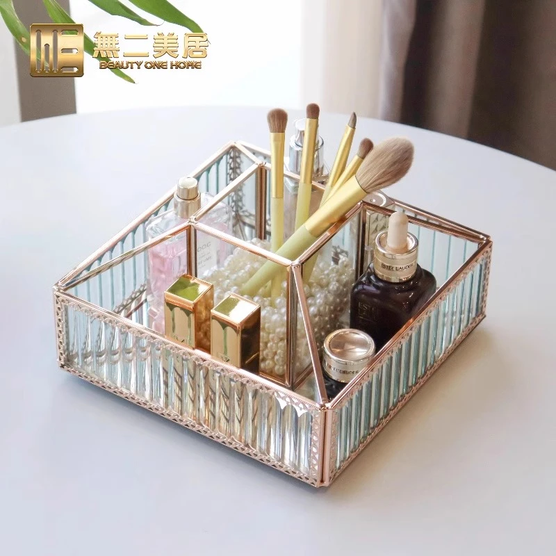 Beauty one透明玻璃收纳盒高颜值家用金属边浴室化妆品护肤品收纳