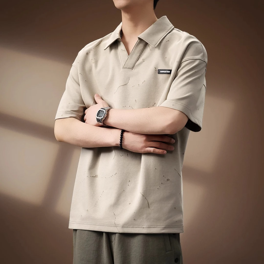 法国Cebrodz高端美式复古烧花工艺Polo衫男夏季重磅宽松潮牌男T恤