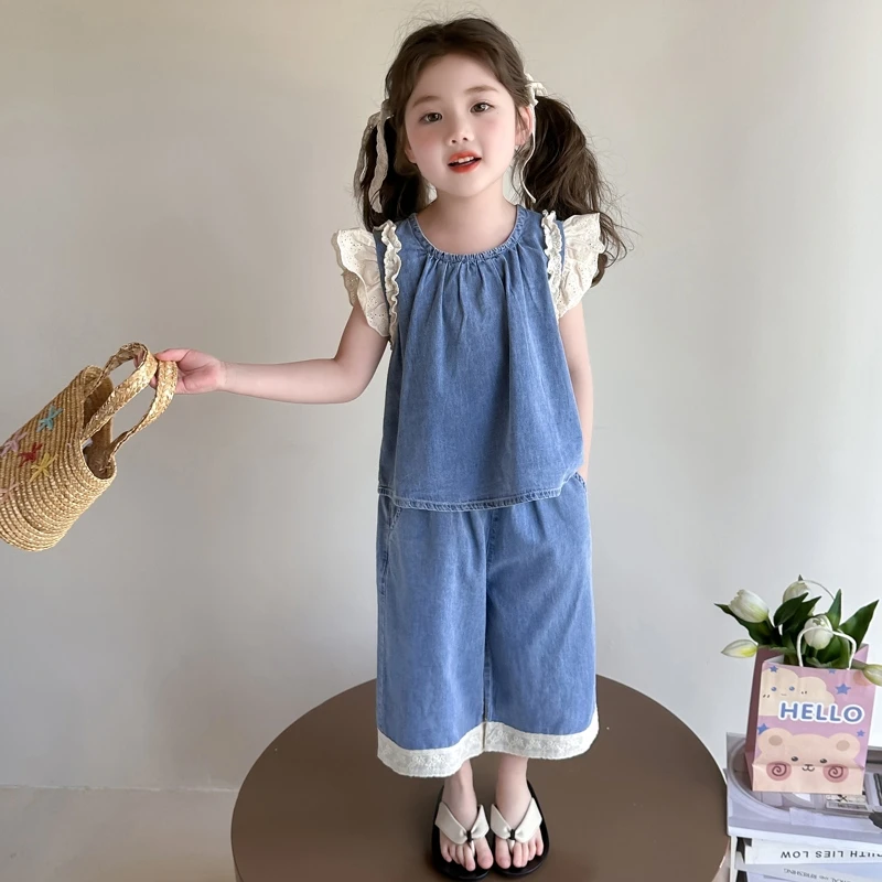 女童夏装无袖套装2025新款儿童背心阔腿裤牛仔衣服宝宝夏季两件套