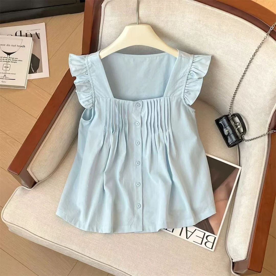 法式黄色方领飞飞袖开衫背心小个子气质衬衫女夏季绝美娃娃衫上衣