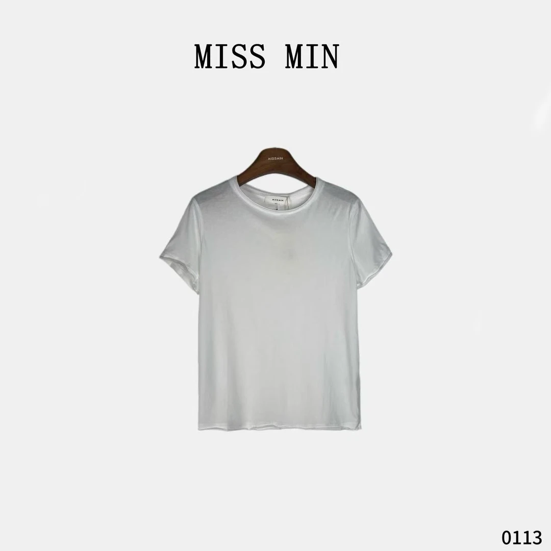 MISS MIN【马吉拉】撞线设计花边领洋气衣服女短袖休闲圆领T恤 0113