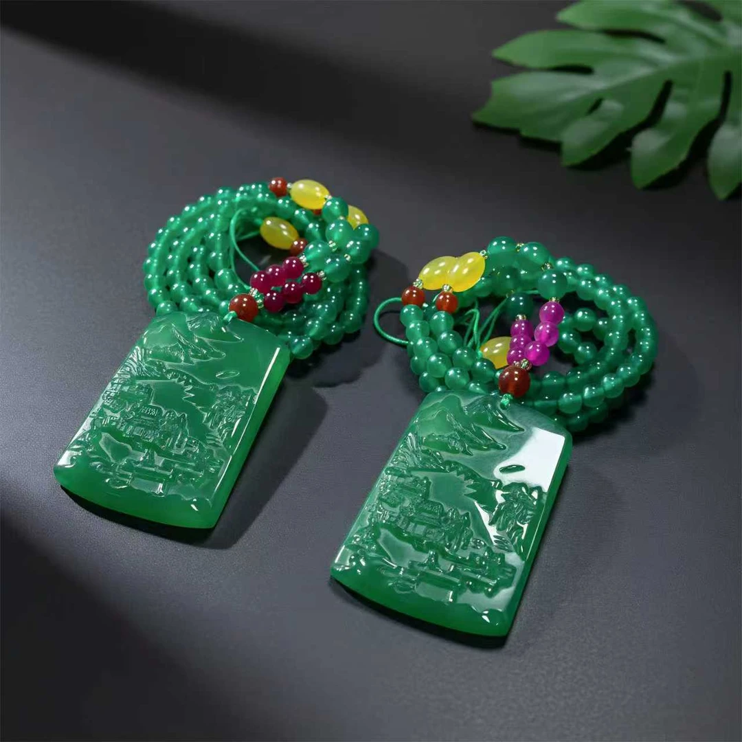 S1975-青碧冰芙蓉玛瑙绿山水牌吊坠-配珠链-多样性发一件