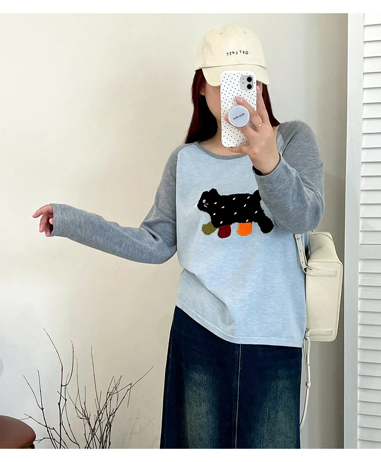 大码女装撞色插肩袖上衣女打底衫2025秋胖mm休闲刺绣针织衫208