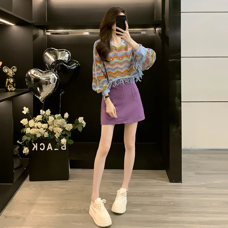 蓝色针织罩衫时尚套装女2025春秋新款洋气减龄显瘦牛仔短裙两件套