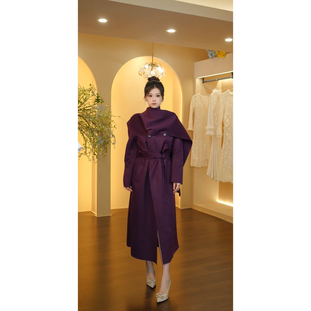2店-1008【王超越定制】厚款秋冬轻奢时尚法式长款毛呢外套DMLL054
