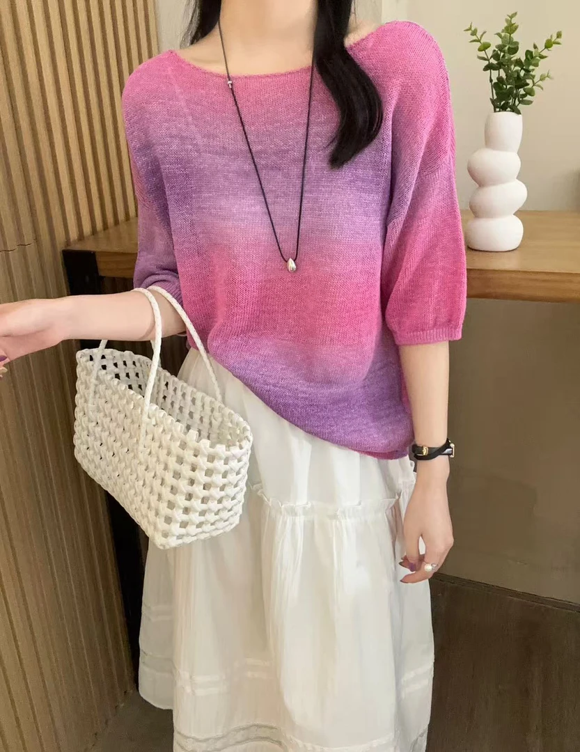 欧洲站2025春季新款时尚百搭圆领渐变色短袖针织衫女1487