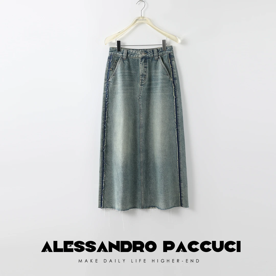 AP洛哥24301X 复古1OO棉时尚气质百搭中长款毛边拼接牛仔半裙