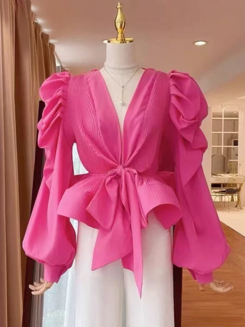 2025年秋季新品女装流行网红长袖V领衬衫荷叶边系带收腰褶皱衬衣