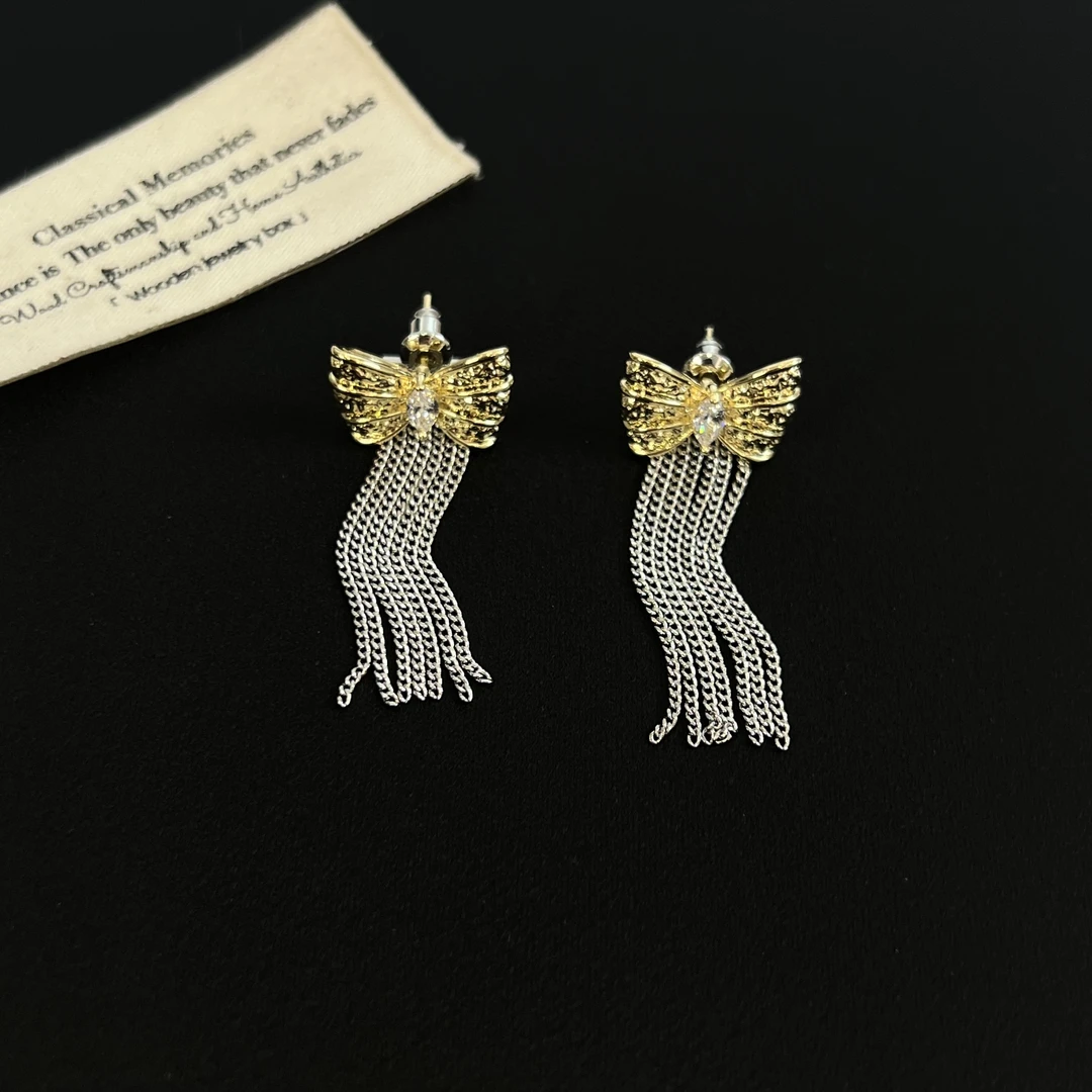 铜合金锆石耳饰 【光影流转】撞色蝴蝶结流苏耳钉355