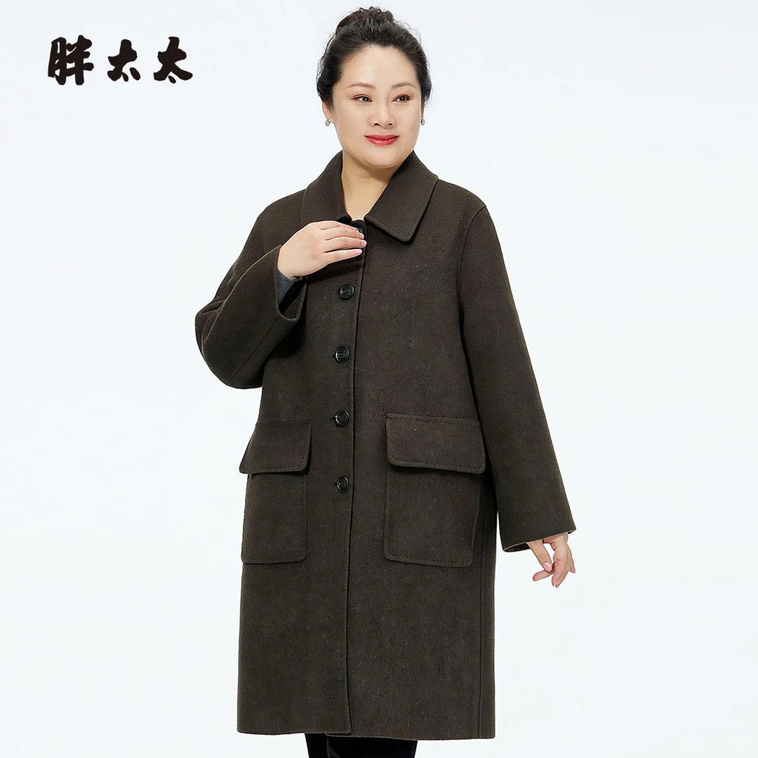 胖太太大码女装秋冬新品时尚显瘦纯色长款羊毛外套425315310