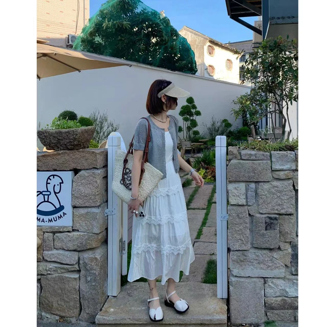 【萍萍推荐】夏季新款针织防晒开衫+气质吊带连衣裙两件套装长裙