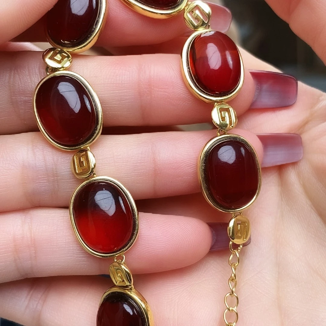 血珀银S925镀金镶嵌手链