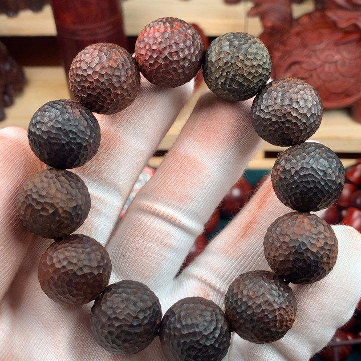 木衣*2.0大红酸枝多宝荔枝锤纹雕刻珠