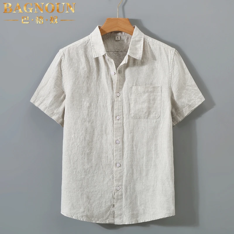 巴格奴纯亚麻短袖衬衫男士夏季新款时尚高端复古国风薄款休闲衬衣