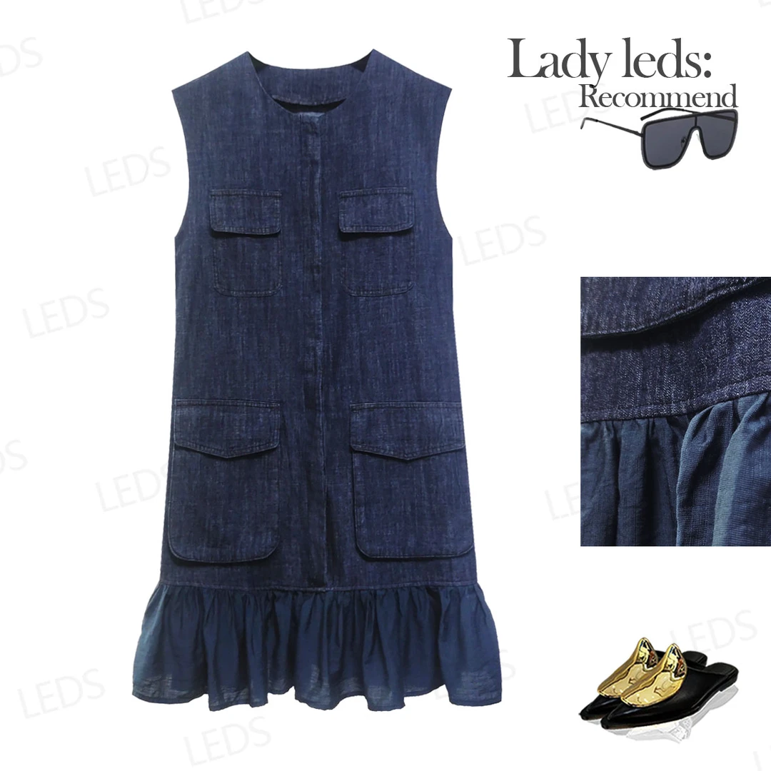 LEDS  S656【夏日优雅牛仔裙】无袖设计荷叶边多口袋装饰显瘦牛仔裙