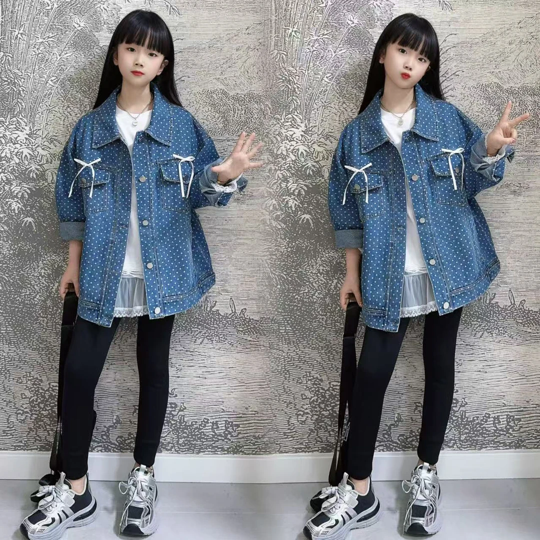 女童外套春装2025新款儿童洋气外衣童装百搭夹克大童圆点牛仔上衣