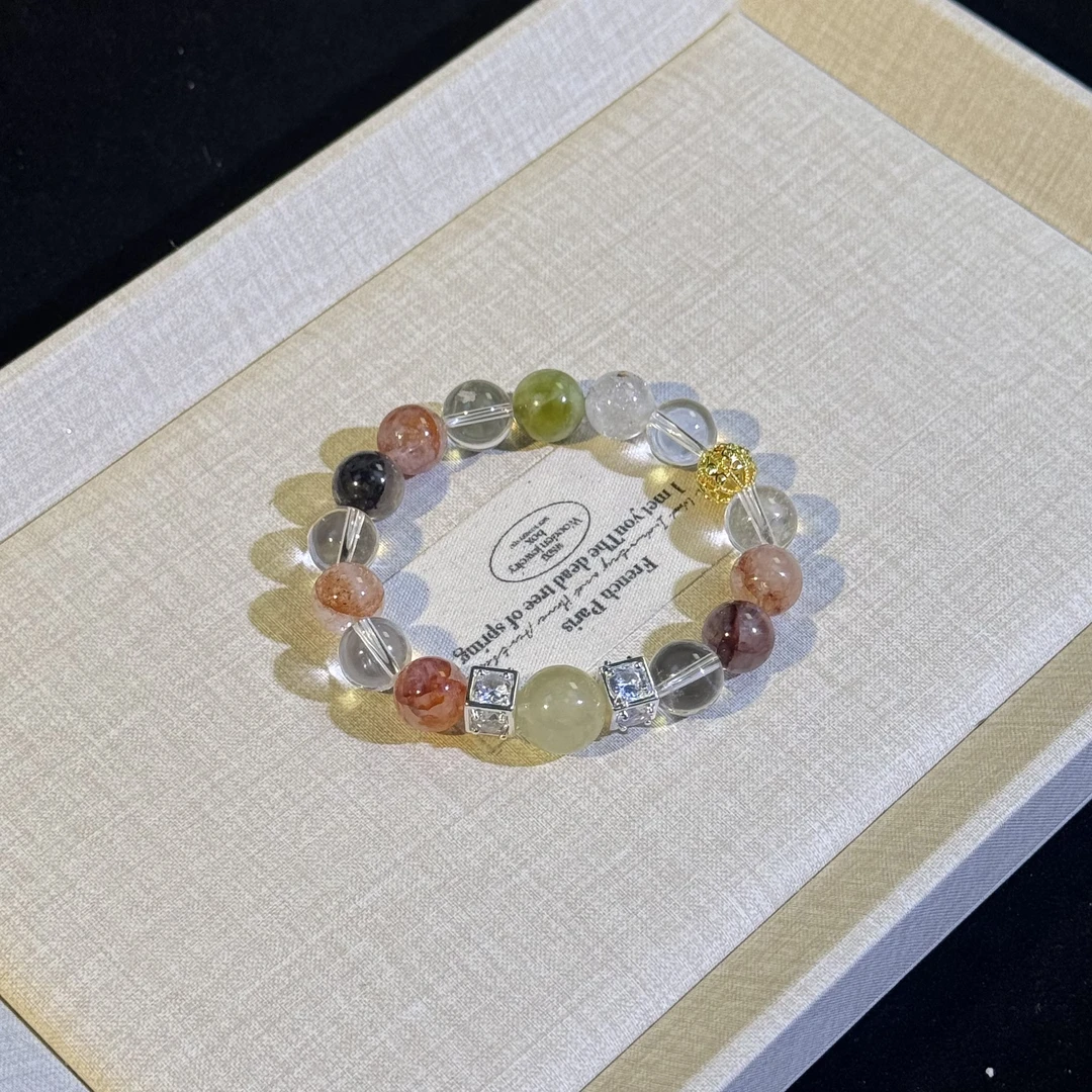 yy074【雪涧金砂】白水晶胶花岫玉柠檬黄水晶金色花球隔珠手串