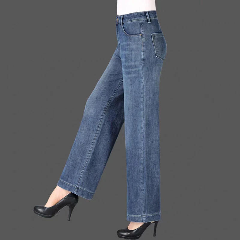加绒秋冬新款高腰阔腿牛仔裤女中老年宽松直筒裤大码显瘦妈妈裤子