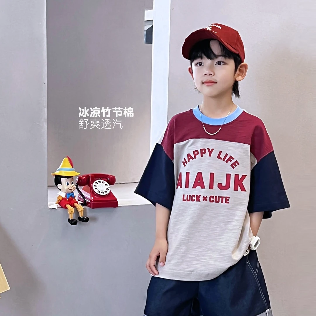 儿童夏季男童T恤中大童时尚休闲印花拼色涂鸦t恤 5049745O2