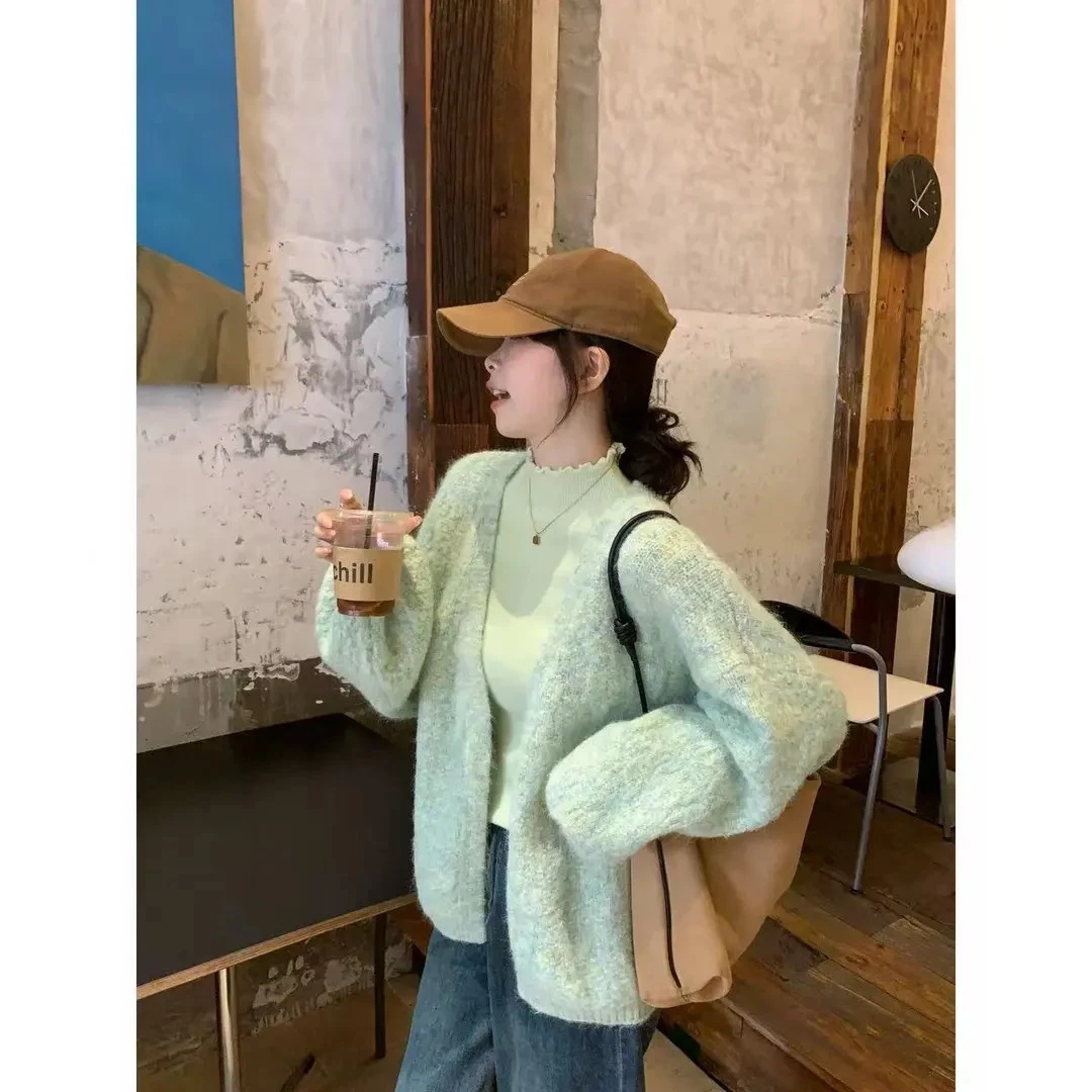 慵懒风简约宽松V领毛衣外套软糯显瘦慵懒风外套