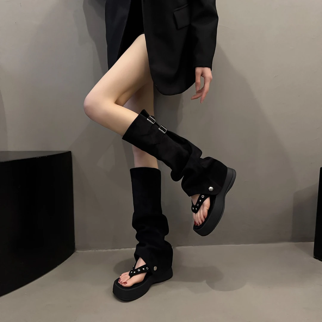 OJRZ复古两穿夹趾堆堆靴女2025春季新款厚底高筒罗马凉鞋裤管靴潮