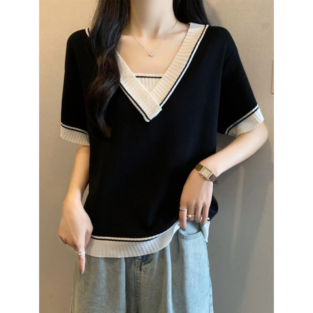 假两件V领短袖T恤女2025夏大码微胖妹妹设计感遮肚子冰丝针织上衣