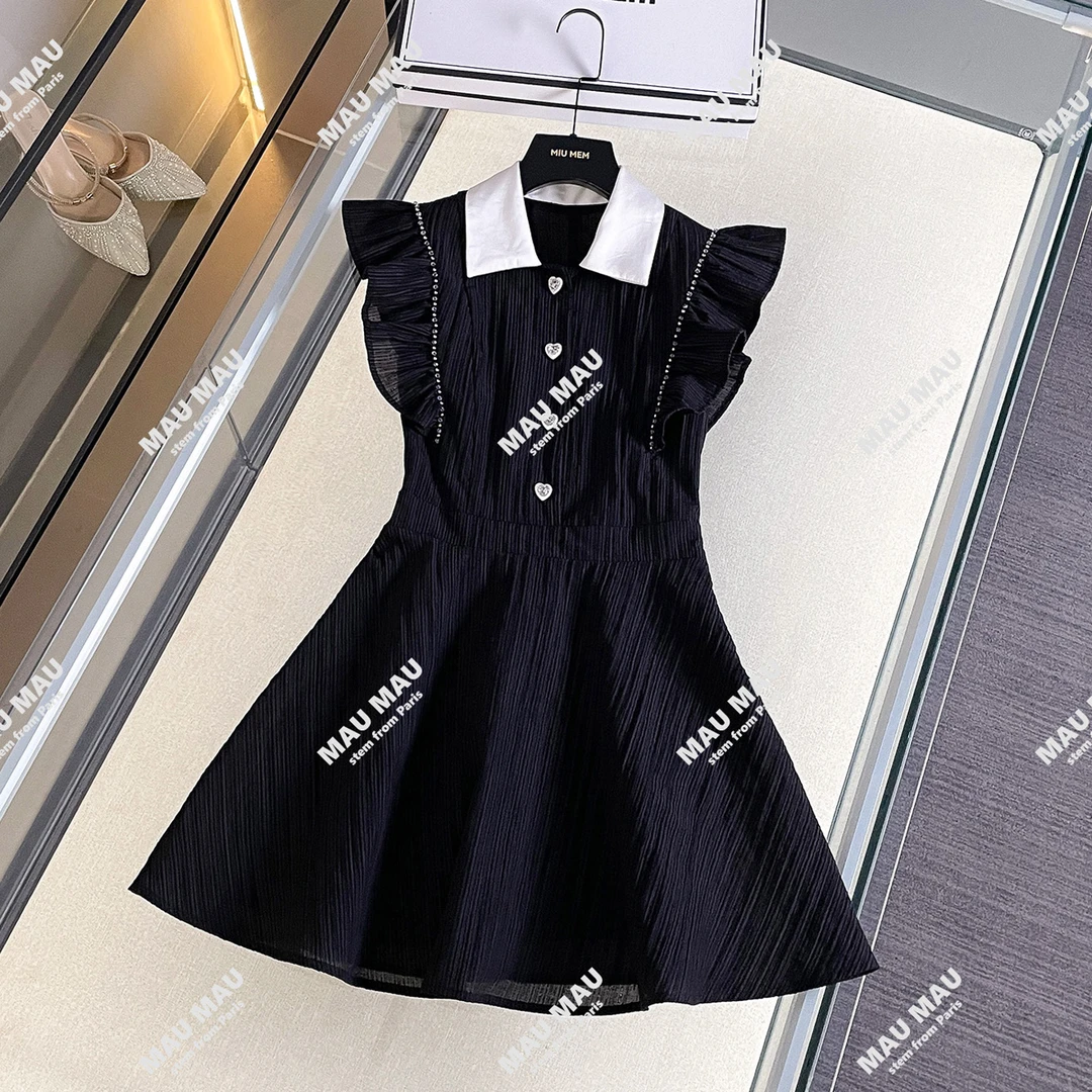 MIUMEN2025夏季法式千金风镶钻翻领飞飞袖收腰连衣裙女DY7350