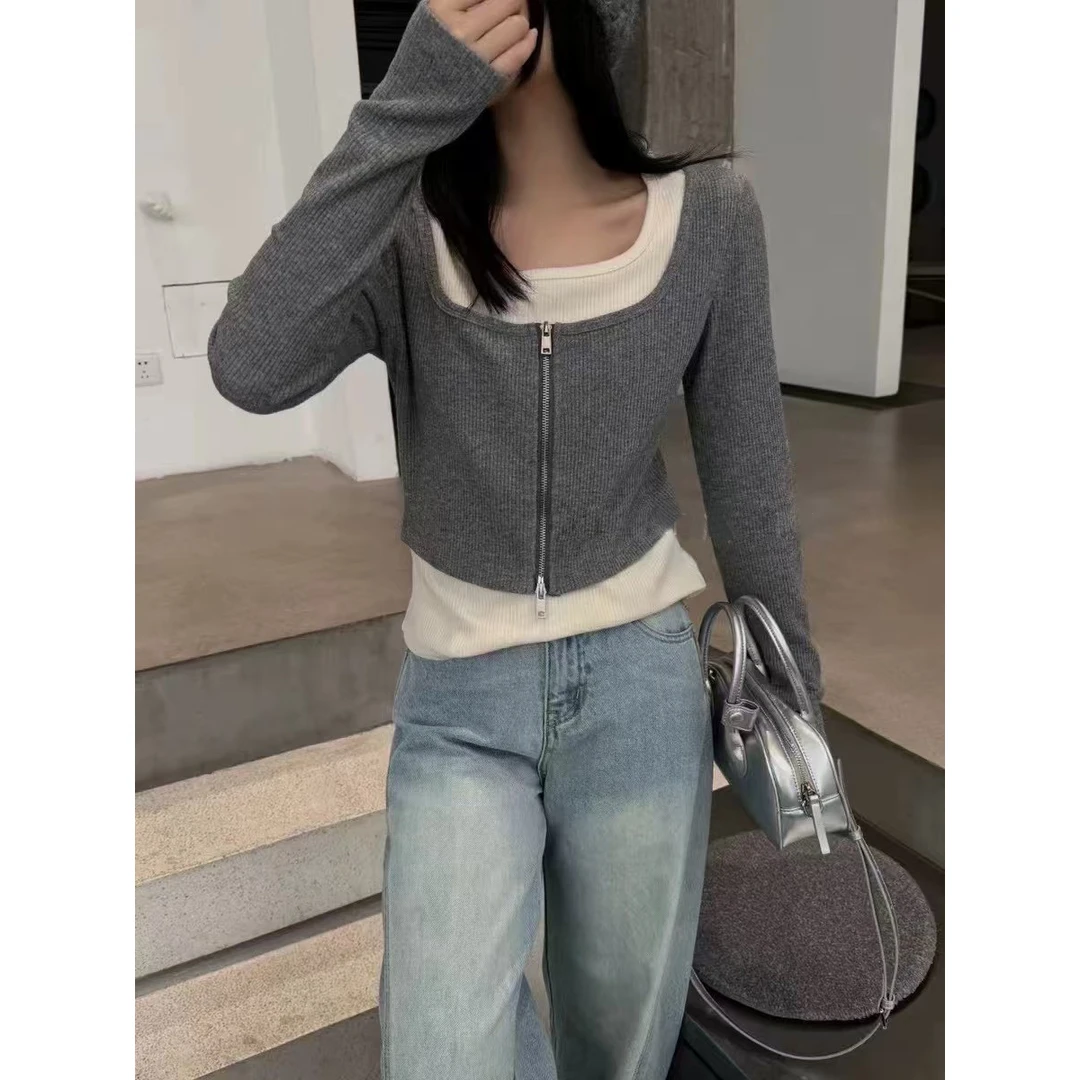 欧洲站假两件拉链上衣