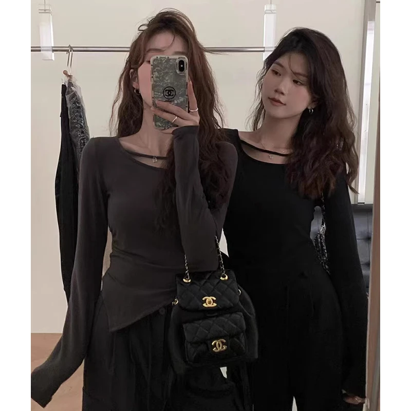 翰代维不规则辣妹长袖t恤女秋季内搭打底衫纯欲风显瘦修身上衣