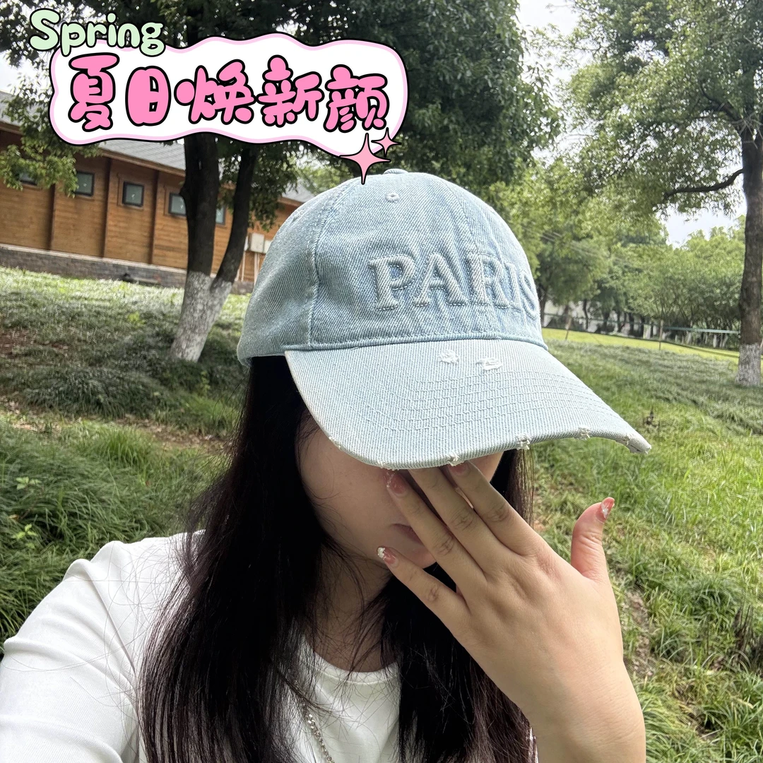 2025新款韩版字母帽子男女破洞牛仔帽水洗复古显脸小鸭舌帽遮阳帽
