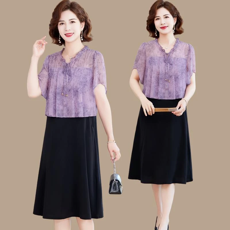 俞兆林妈妈夏装假两件连衣裙洋气质母亲节新款中老年女时尚雪纺短