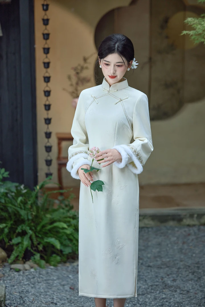 《山茶》纯芯旗袍冬款120CM改良后拉链加绒加厚长袖日常中国风冬季